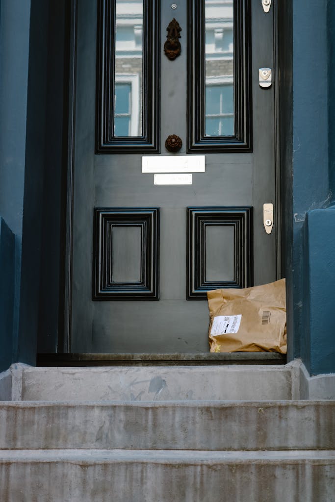 A black door with a delivery package on the stone steps in a residential urban setting.