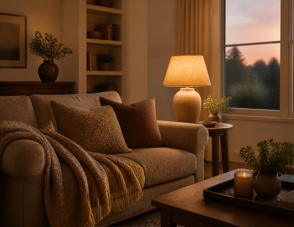 Warm lamp lighting creating a softer evening atmosphere at home