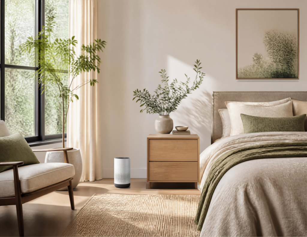 Air purifier running in a comfortable living space during a home reset