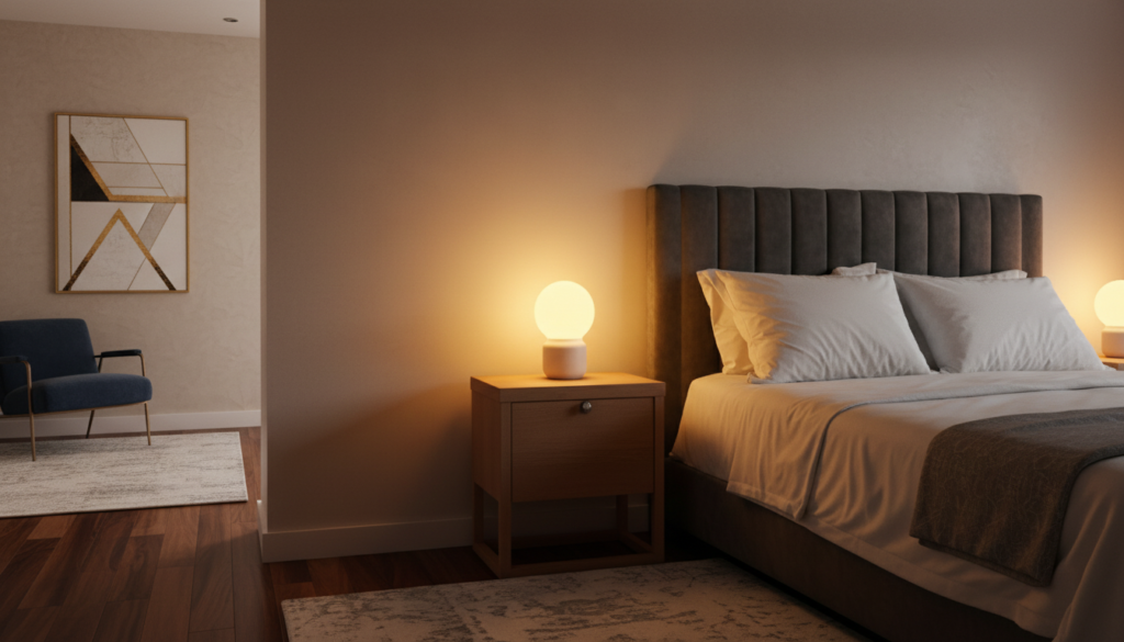 Warm bedside lamp creating a soft evening glow in a bedroom