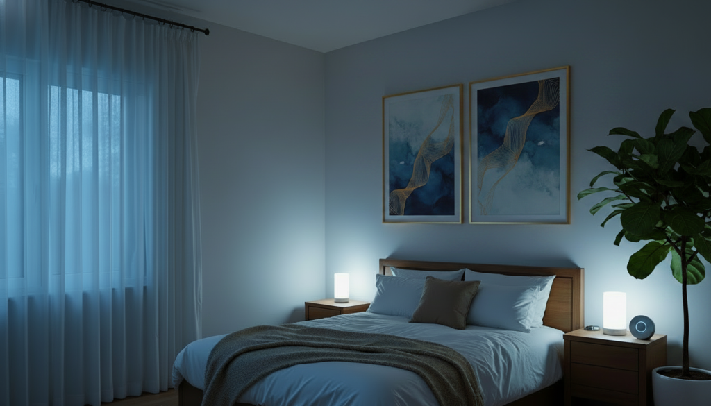 Modern light blue bedroom with luxury elements, including elegant wall artwork and a stylish potted plant, creating a calm and sophisticated sleep sanctuary.