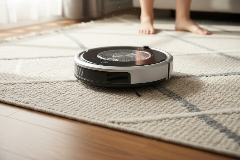 Mental load reset in a minimalist living room with robot vacuum.