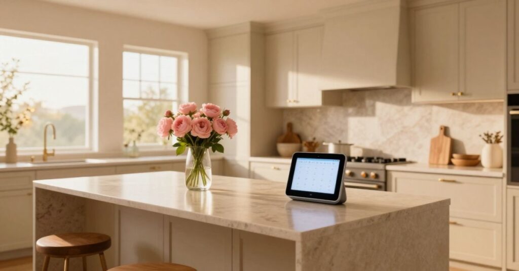 Clean smart kitchen with smart hub showing family calendar.