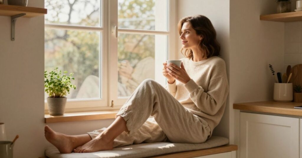 Woman relaxing, after using systems -The Soft Life isn't about doing less. It's about remembering less.