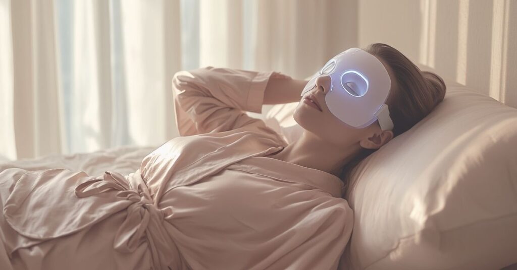 Woman using a red light therapy mask and relaxing on a silk pillowcase.
