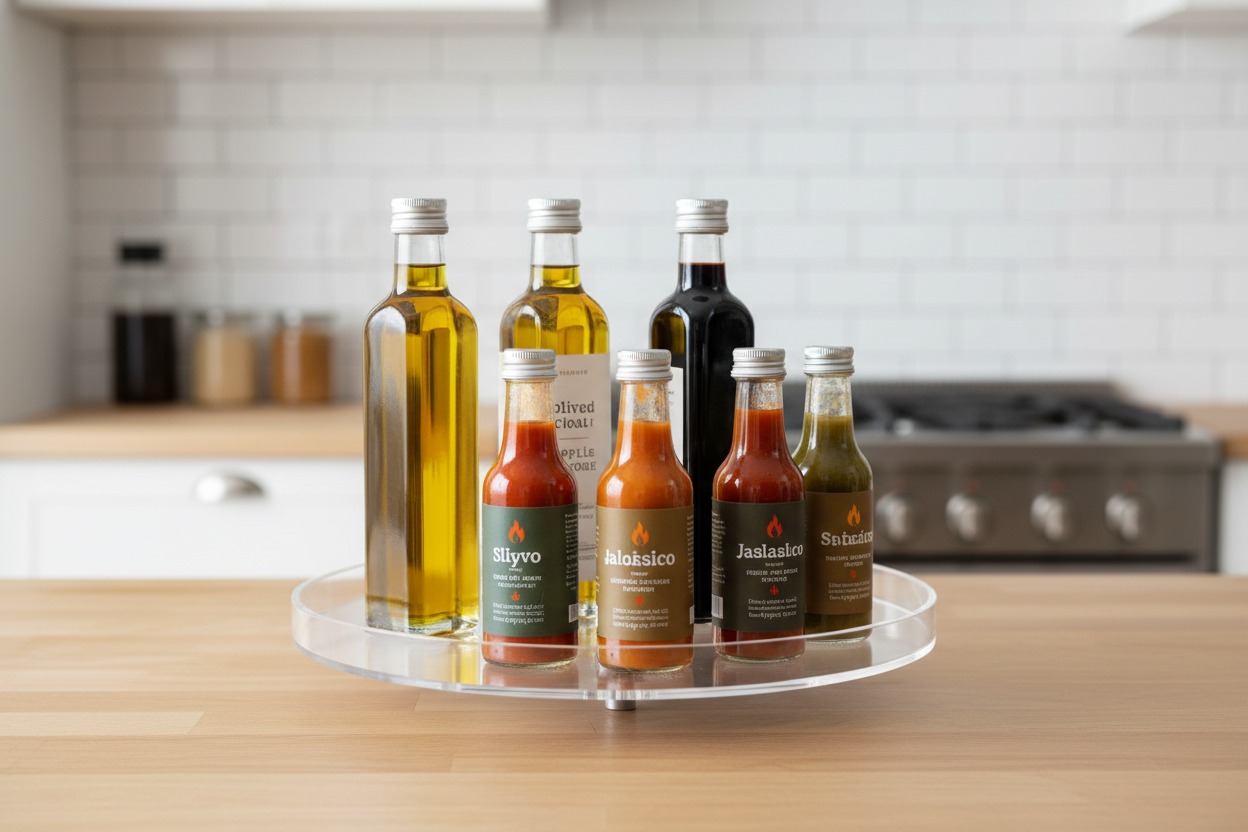 Acrylic Lazy Susan used for kitchen pantry organization to prevent decision fatigue.