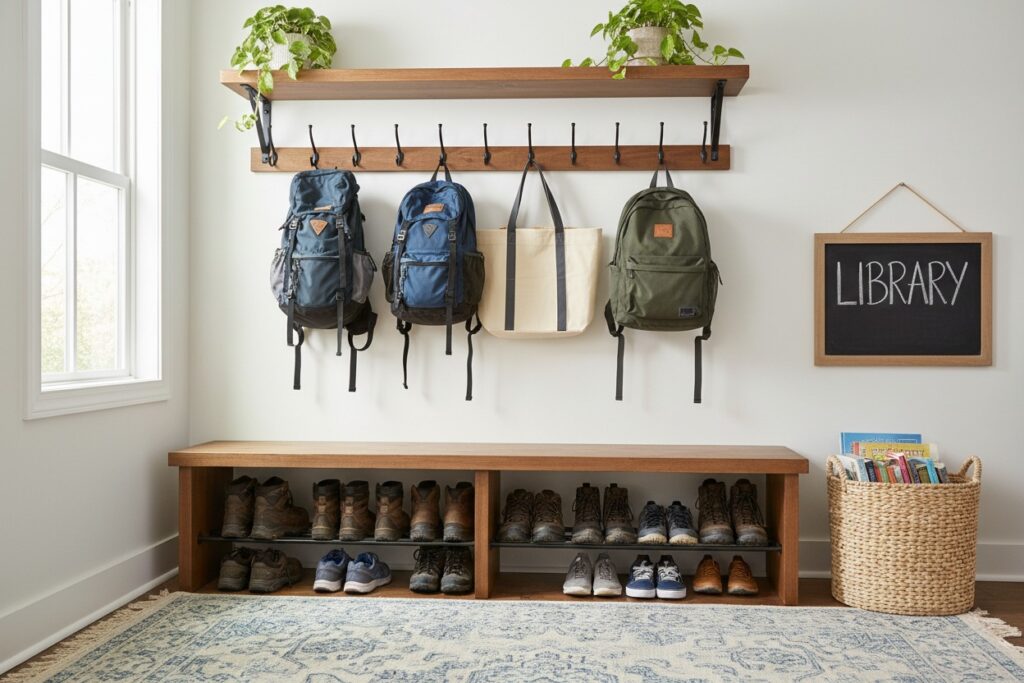 A family launch pad entryway station for back to school organization.