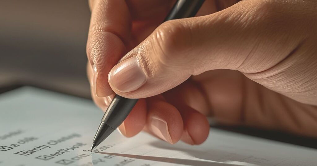 Hand writing a daily to-do list on a Kindle Scribe digital notebook.
