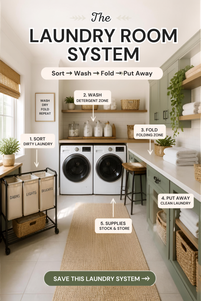 Laundry room organization systems that actually work. Create a simple Sort → Wash → Fold → Put Away laundry routine with practical storage ideas, zones, and systems that make laundry easier to manage.