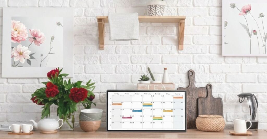 Modern kitchen with smart hub showing family calendar for a curated system designed with the memory stack