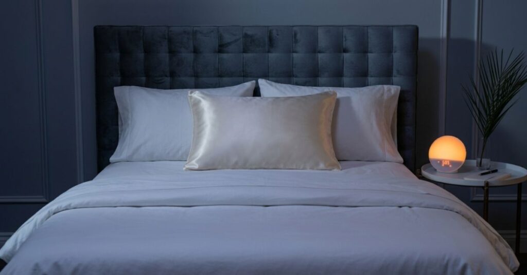 A cozy bedroom with a sunrise alarm clock and soft automated lighting