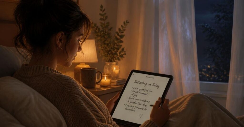 A person using an Amazon Kindle Scribe for nightly reflection in a restful bedroom.