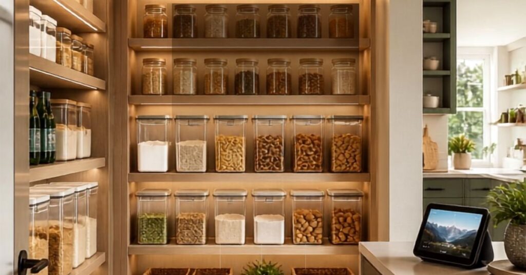 A high-end pantry organization system featuring smart home inventory tracking and clear storage bins.