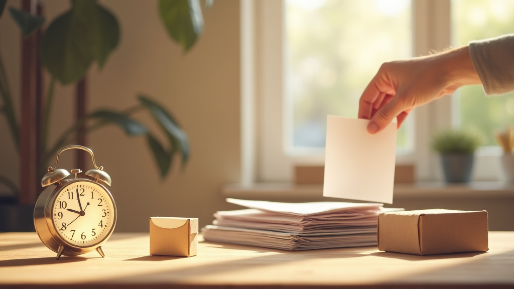 A realistic image showing a subtle clock face integrated with household items being processed: an opened package, sorted mail, and an item going into a return basket, illustrating the 24-Hour Intake Rule with calm and efficient movement.