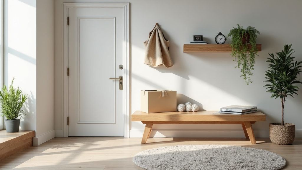 An organized incoming zone in a modern home with a mail basket, return area, and package-opening surface