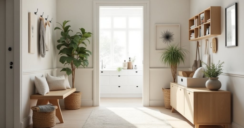 A bright, inviting, and organized "incoming zone" in a home, showcasing how items like packages and mail can be processed systematically to prevent clutter.