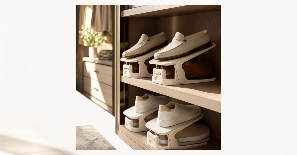 Adjustable shoe stackers used to double shoe storage capacity and organize a closet.