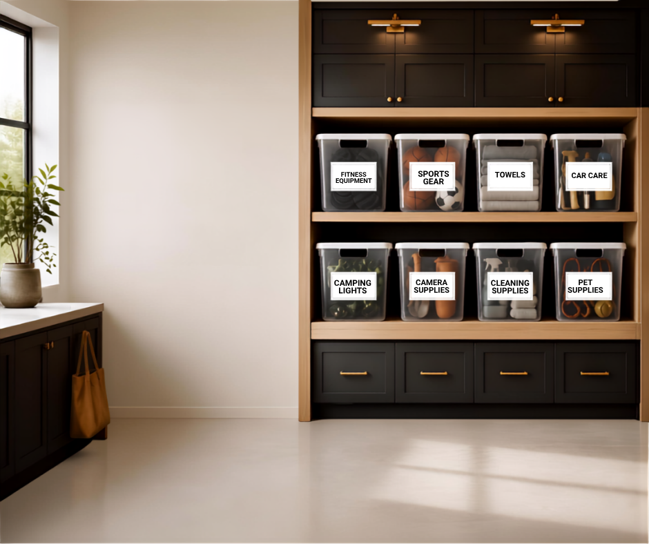 Rubbermaid Cleverstore clear storage bins on heavy-duty garage shelving for inventory visibility.
