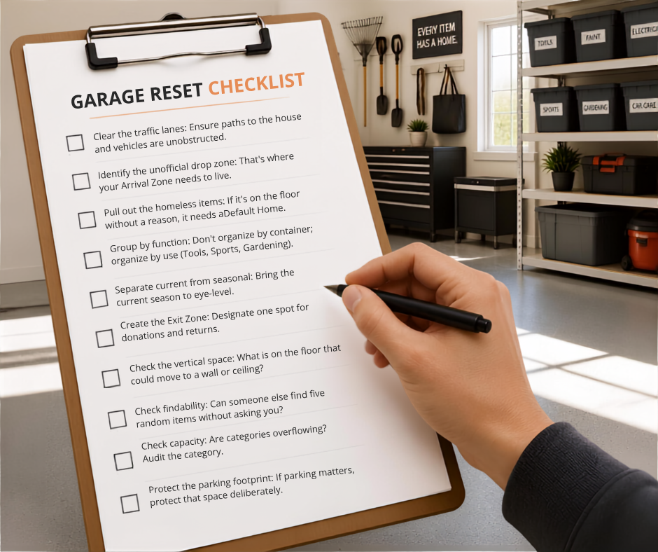 A woman auditing her garage systems using the Household Operating Manual reset checklist.