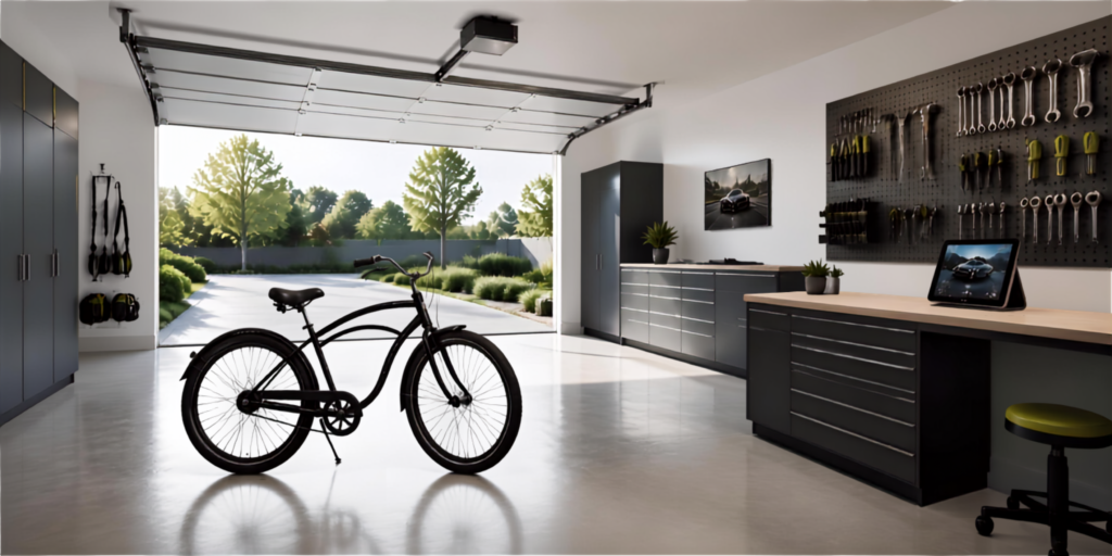 A clean, modern garage organization system featuring vertical tool storage and a smart family command center.
