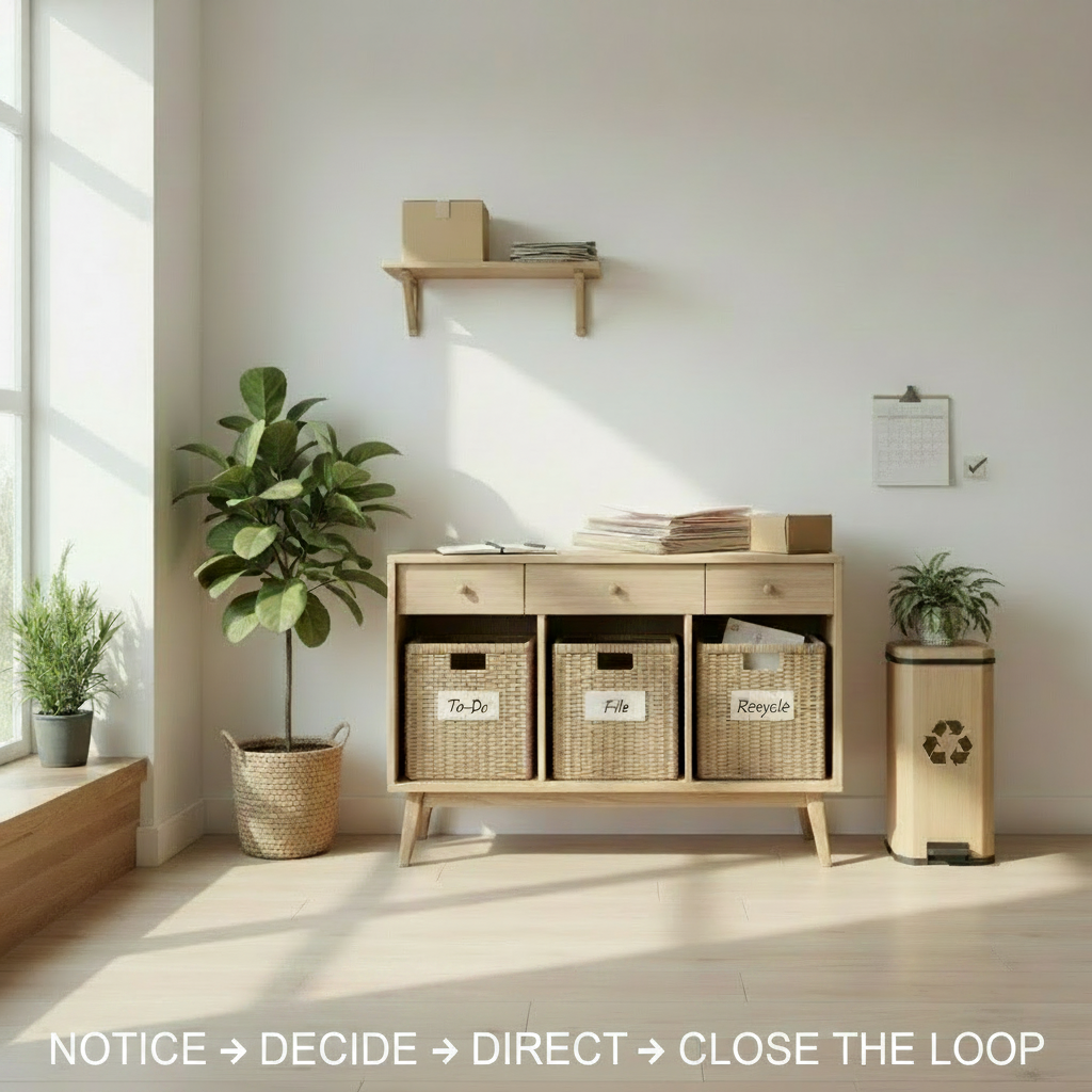 A realistic organized home entryway showing household items being noticed, evaluated, directed to their proper destination, and fully processed through a four-step intake system.