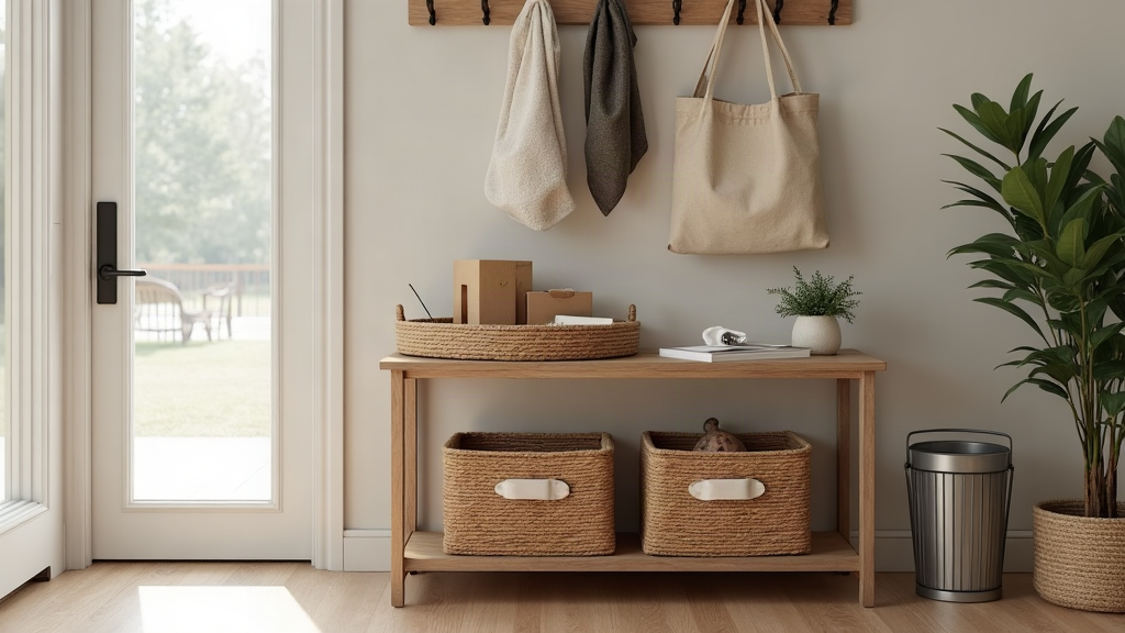 Warm, lived-in entryway with a slim console shelf, open basket, mail tray, packages, paper mail, hanging bags, and a subtle recycling bin, showing a simple incoming zone for household items.