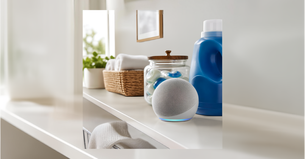 Amazon Echo Dot in a laundry room used to set voice timers and track household textile logistics