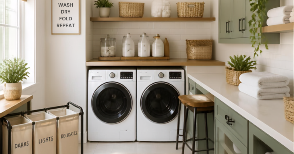 A high-end, aesthetic laundry room featuring custom cabinetry and a smart home inventory system to reduce mental load.
